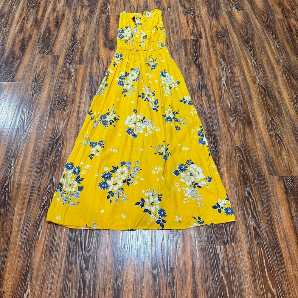Japna Size S Yellow Floral Sleeveless Maxi Dress Boho Smocked Back Rayon FLAW